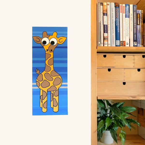 Giraffe Painting - original nursery art with cute giraffe on blue stripes