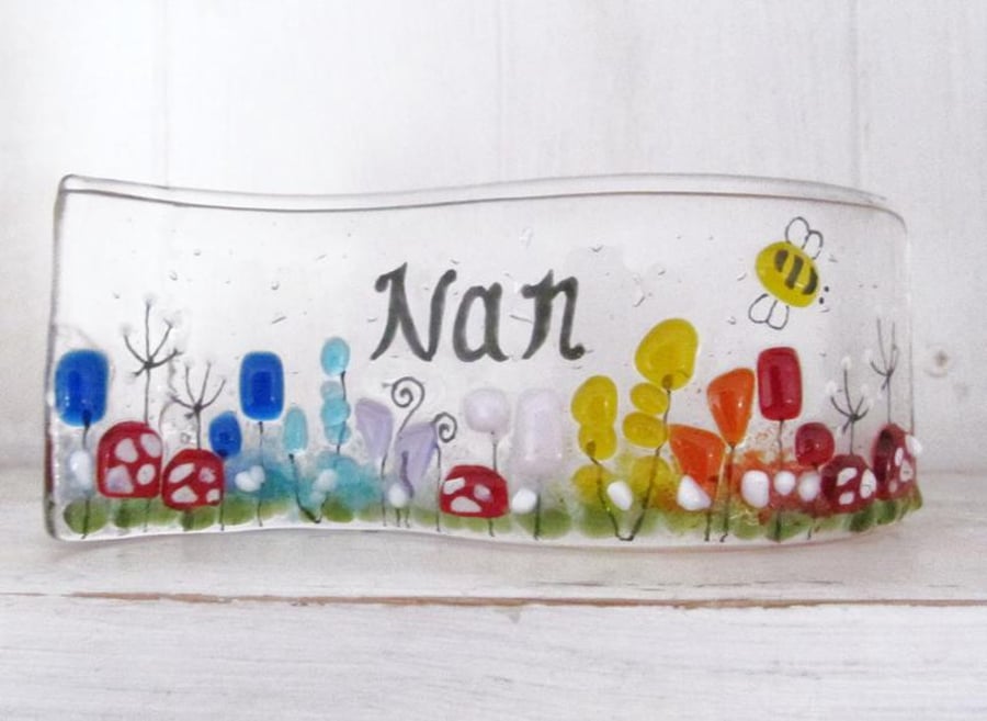 Personalised Nan Fused Glass MINI Wave (Toadstool Meadow) - Made to Order
