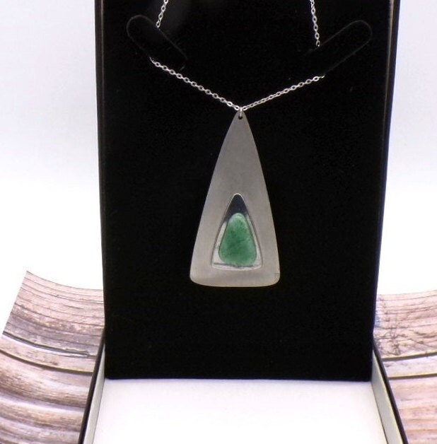 Stainless Steel And Green Polished Gemstone Pendant