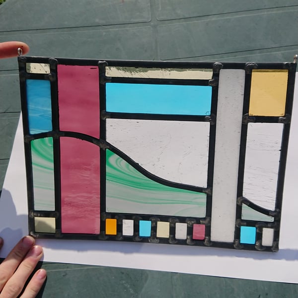 Stained glass abstract landscape leaded panel
