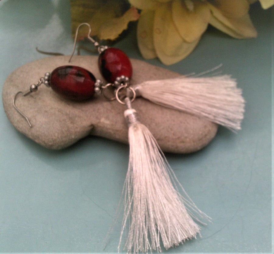 White Tassel with Red and Black Bead Earrings, Dangle Red and White Earrings