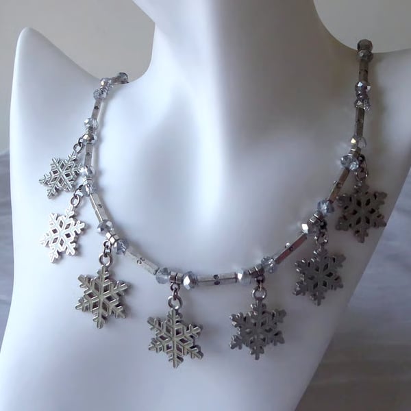Necklace with Seven Enamelled Snowflakes & Faceted Glass and Metal beads