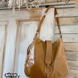 Handbag - Tan Brown Genuine Rescued Leather & Silk Shoulder Bag - Perfect Gift