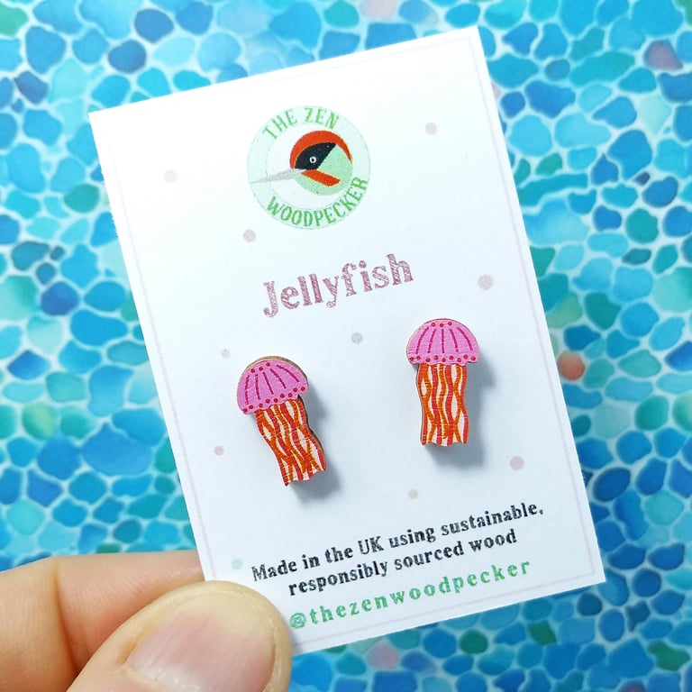 Pink Jellyfish Earrings, Sealife Studs, Silver Plated or Sterling Silver Backs