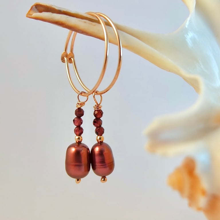 Pearl & Garnet Rose Vermeil Hoop Earrings, Birthday, Anniversary, Gifts For Her