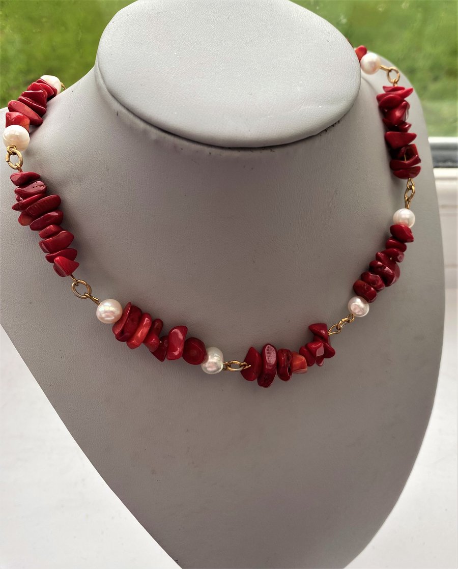 Red Coral & Pearl Necklace Coral Necklace Handmade Pearl Necklace with Corals
