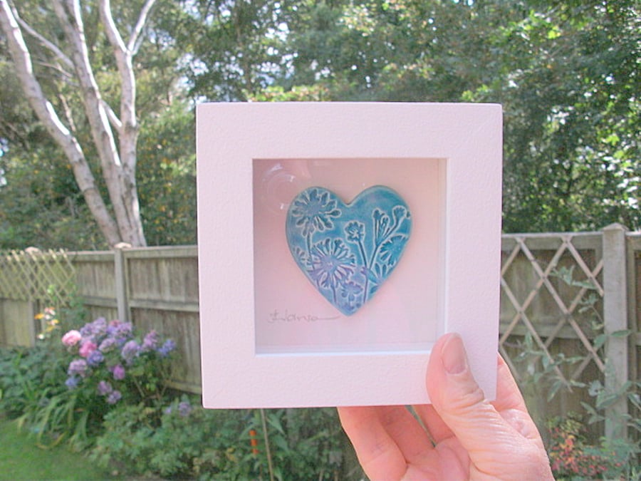 Ceramic turquoise heart impressed with a woodland design - White rustic frame