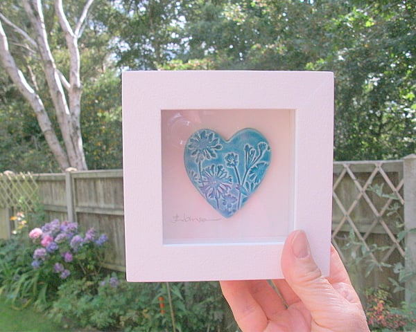 Ceramic turquoise heart impressed with a woodland design - White rustic frame