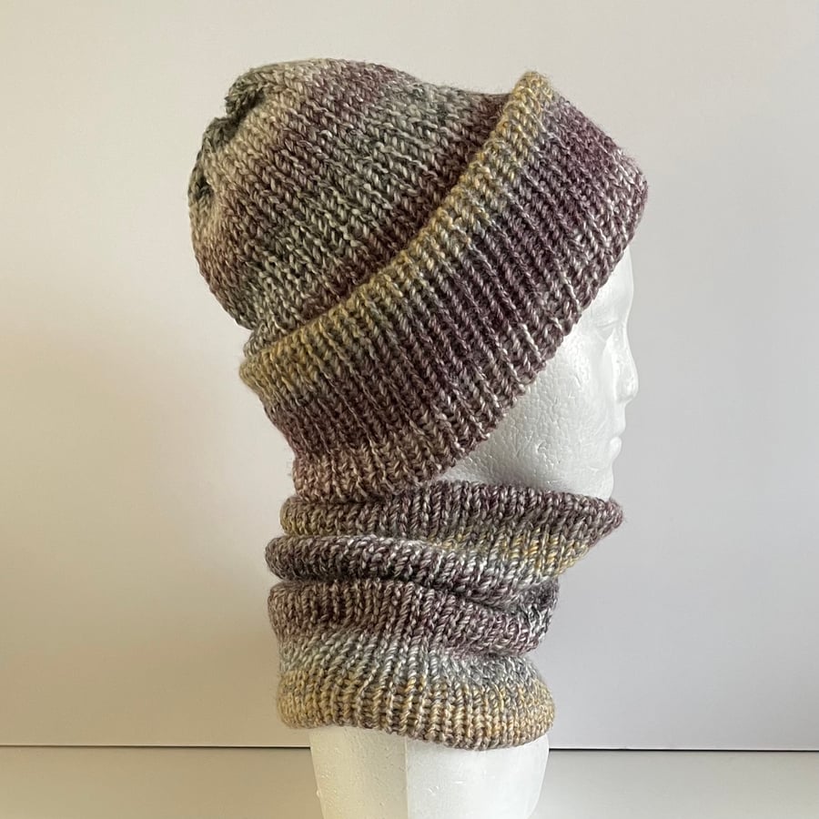 Hat and Neck Warmer Set, Brown & Cream Double Layered Reversible Knitted Gift 