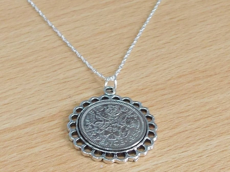 Fine Pendant 1954 Lucky sixpence 66th Birthday plus a Sterling Silver 18in Chain