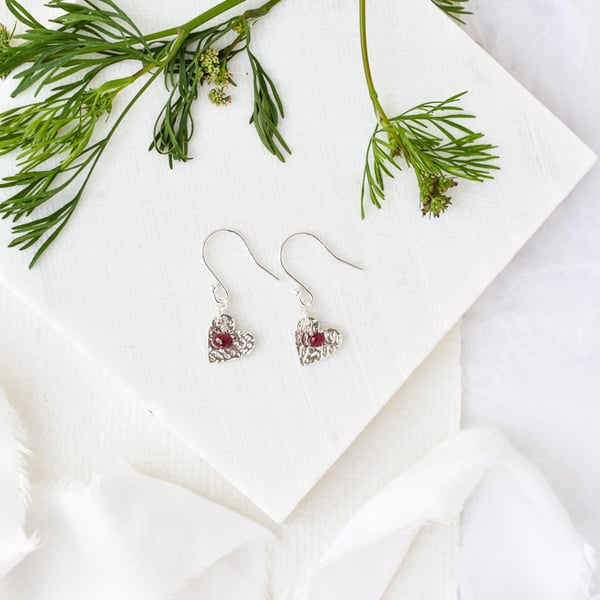 Ruby and Fine Silver Heart Earrings