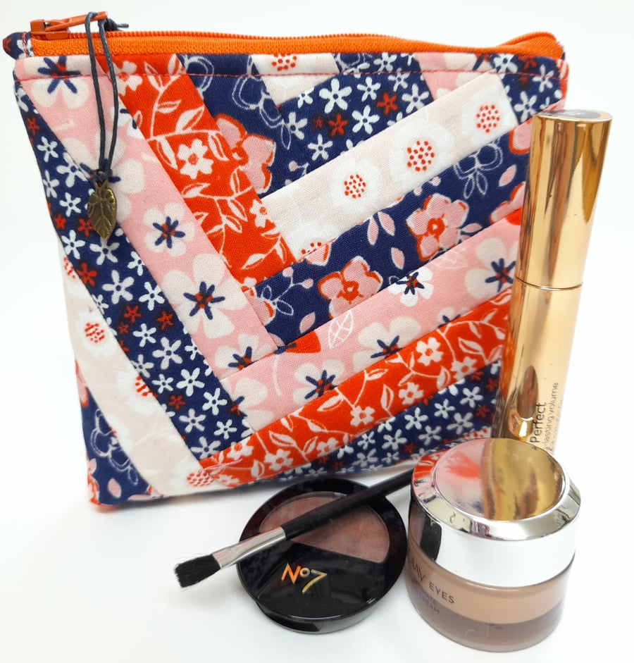 Navy & Orange Floral Make Up Bag