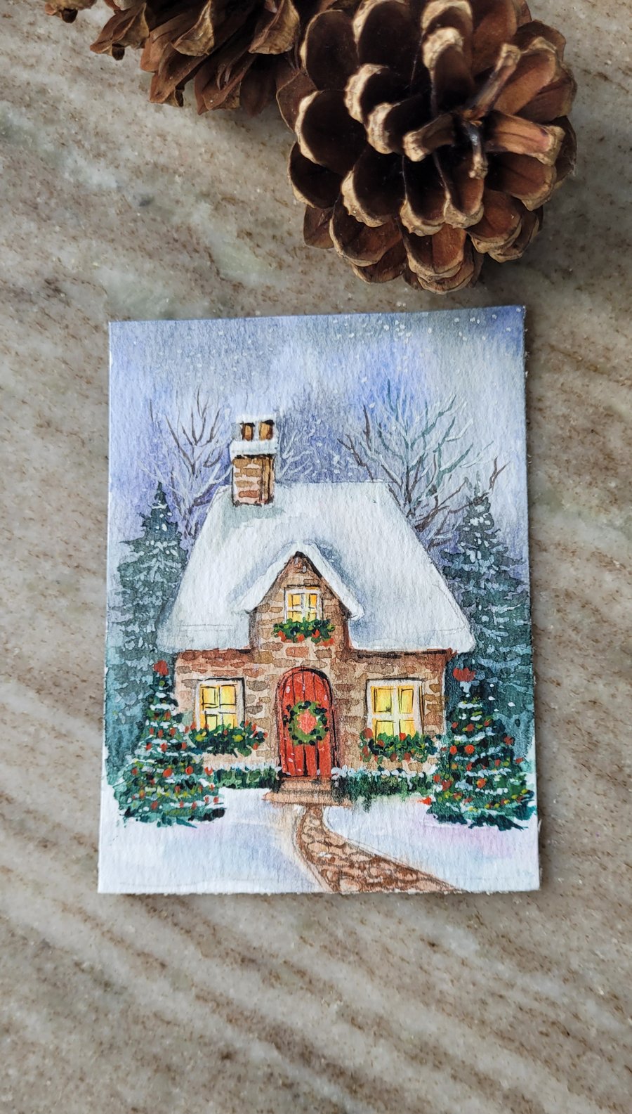 original watercolour ACEO, mini artwork, Winter, cosy christmas cottage 