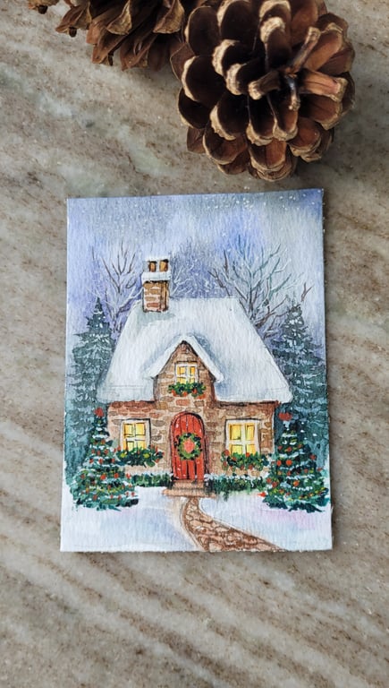 original watercolour ACEO, mini artwork, Winter, cosy christmas cottage 