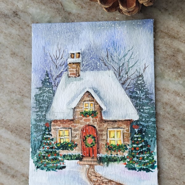 original watercolour ACEO, mini artwork, Winter, cosy christmas cottage 