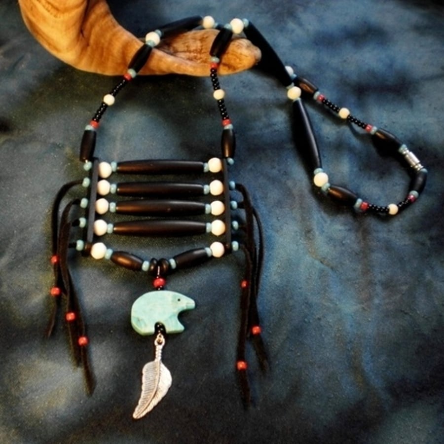 Carved bear fetish horn necklace