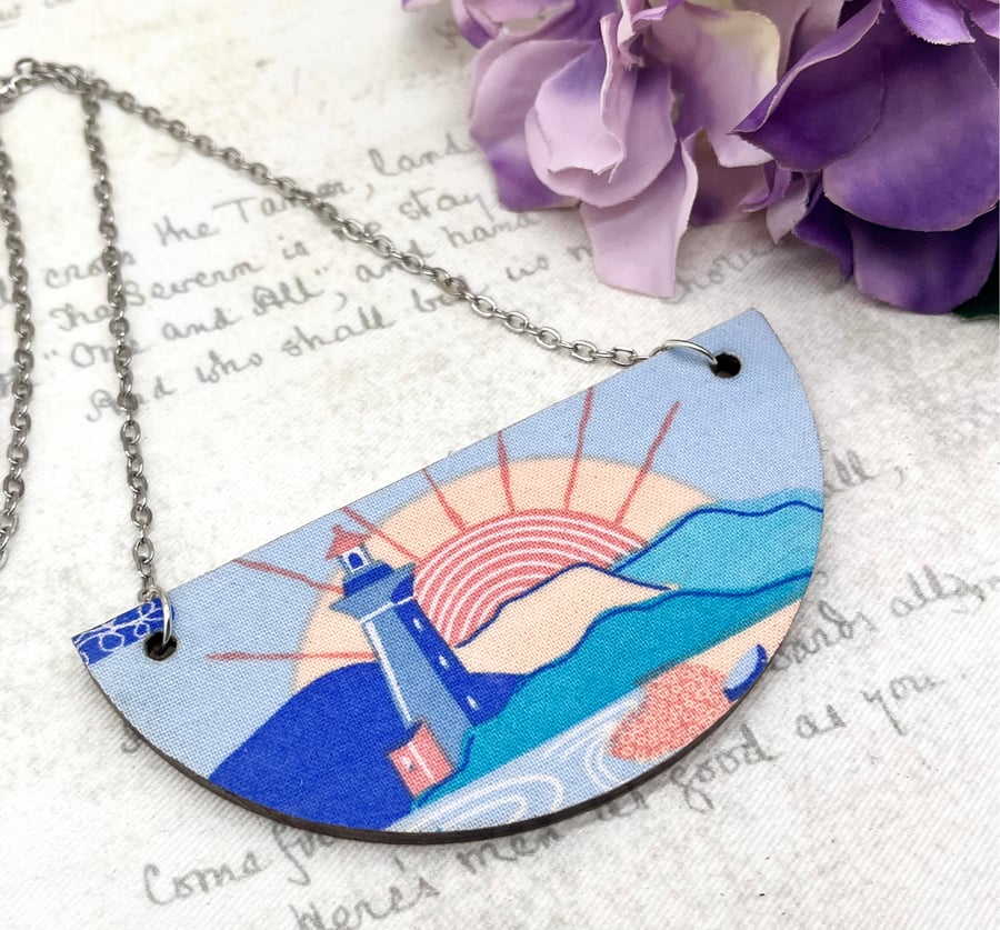 Lighthouse and sunset fabric and wood statement necklace retro inspired