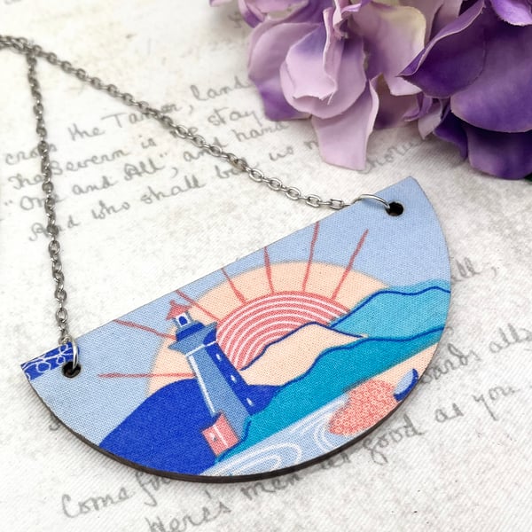 Lighthouse and sunset fabric and wood statement necklace retro inspired