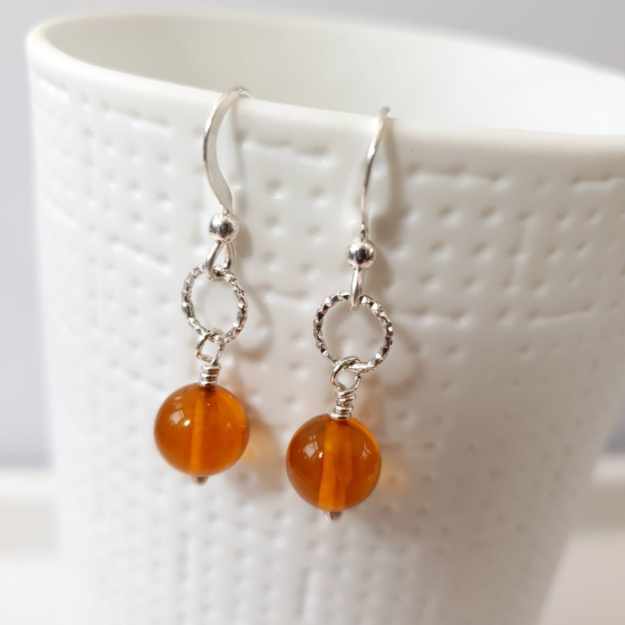 Simple Small Drop Earrings Sterling Silver & Amber Bead Dangles