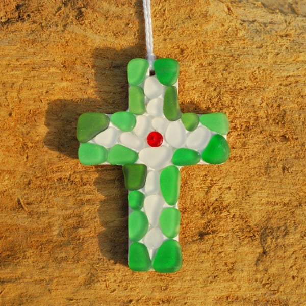 Beach glass hanger small green cross