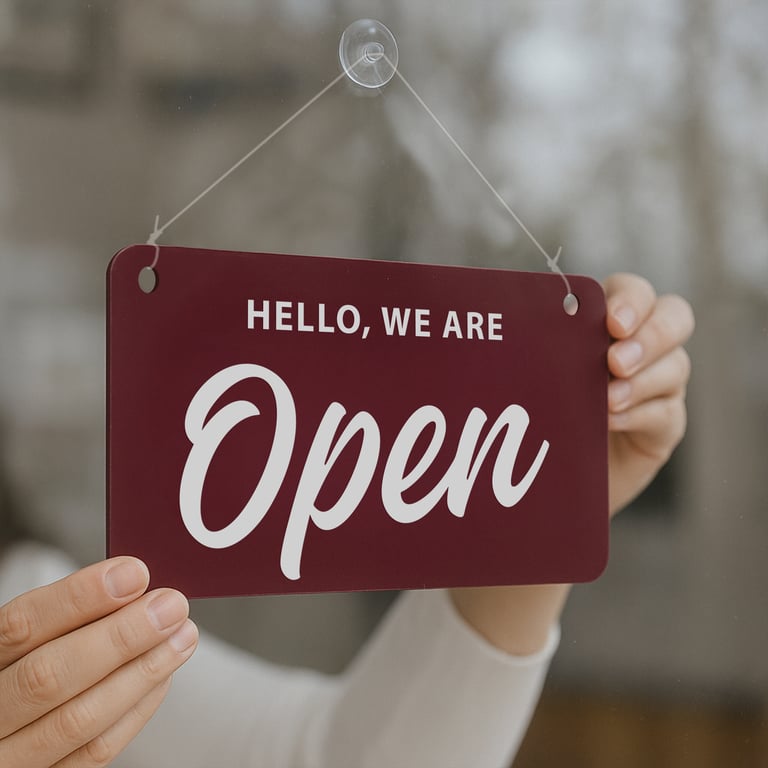 Open and Closed Sign - Friendly Script: Double-Sided Shop Window or Door Sign