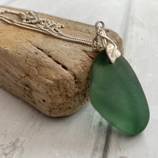 Green Sea Glass Pendant - Silver Necklace