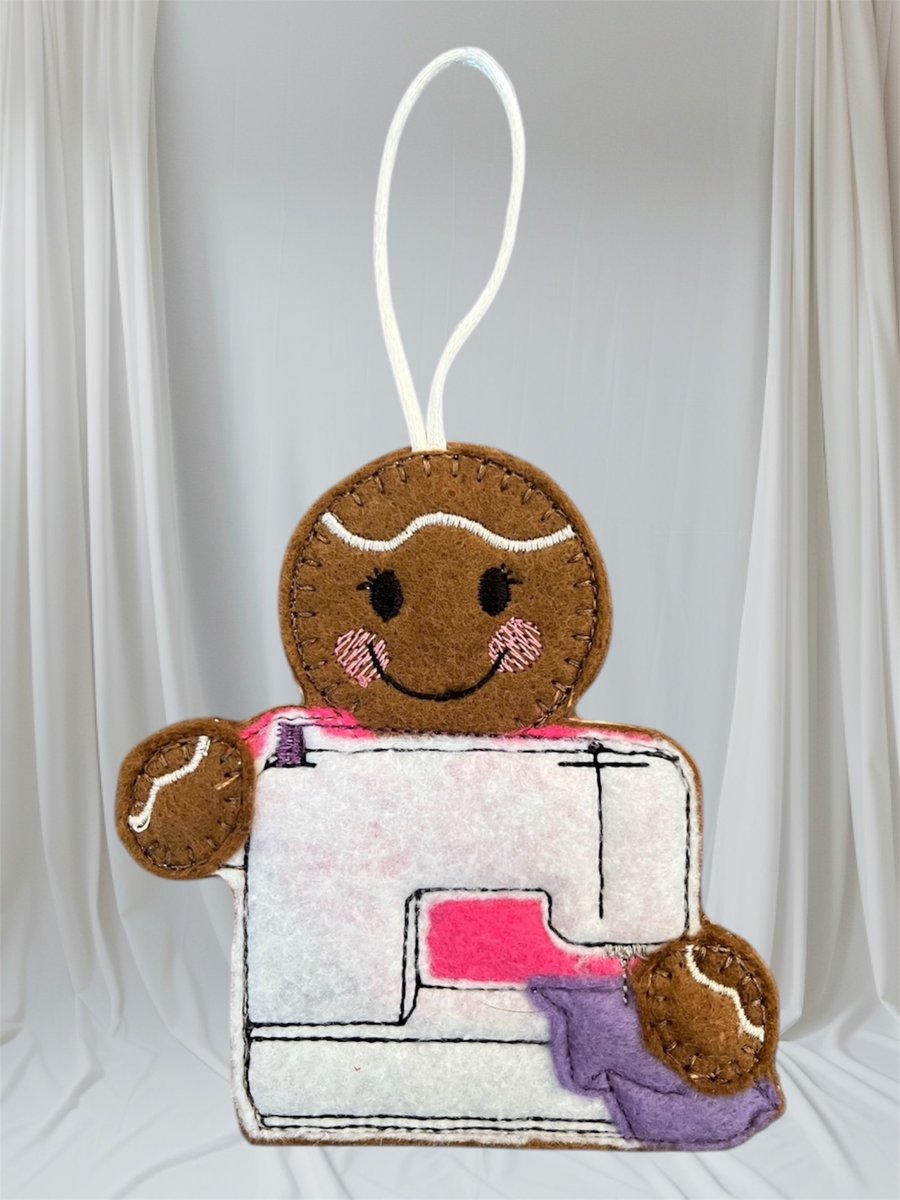 Gingerbread lady sewing on sewing machine Embroidered Hanging Keepsake machinist