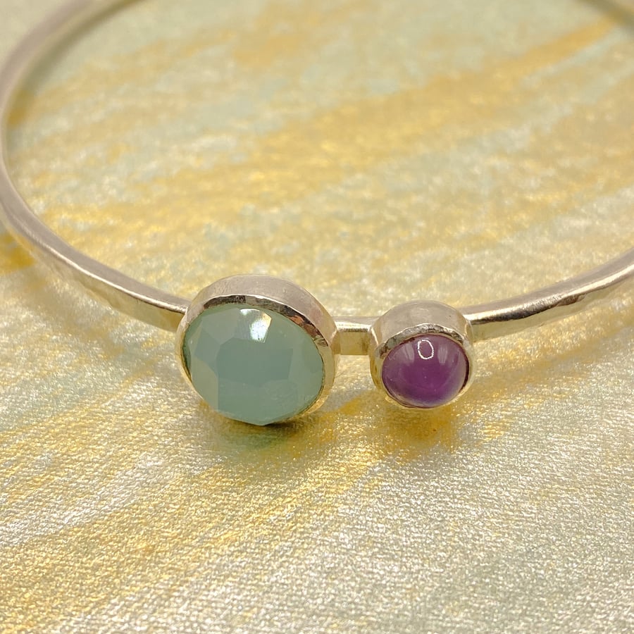 Amethyst and Chalcedony Silver Hammered Bangle 