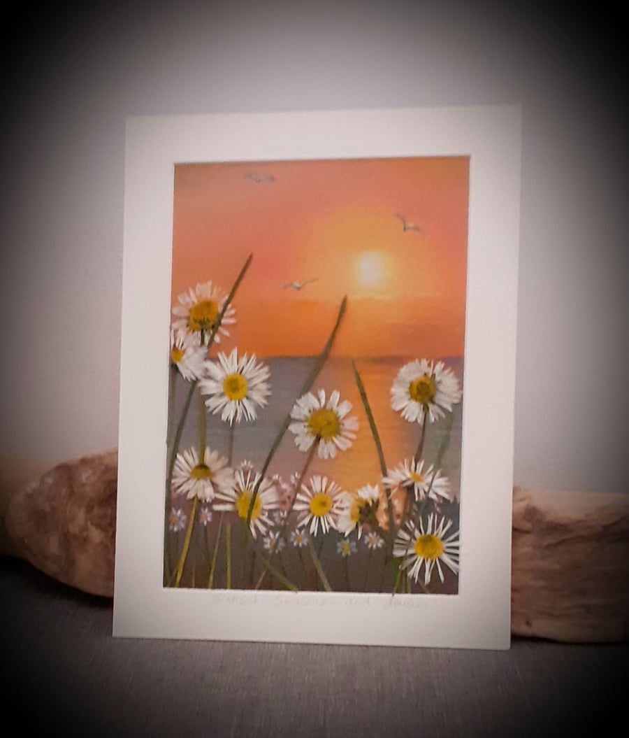 Sunset..Seascape and Daisies ....pastel painting with pressed daisies and grass