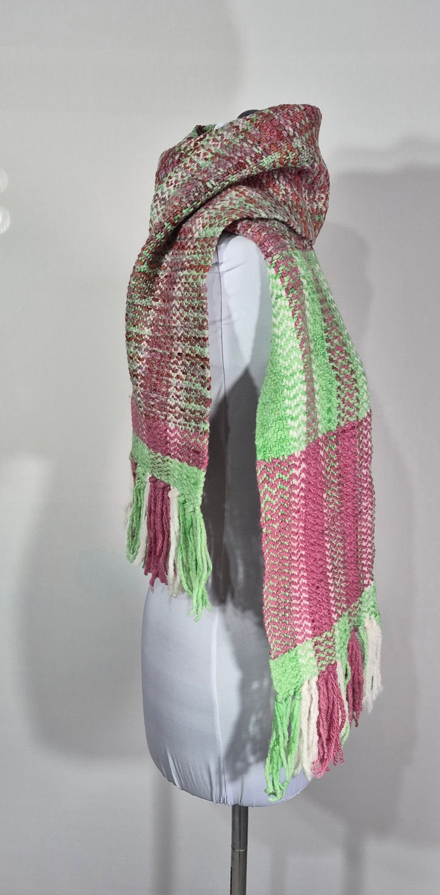 Handwoven LongWool Scarf In Light Greens And A Mix Of Pinks.