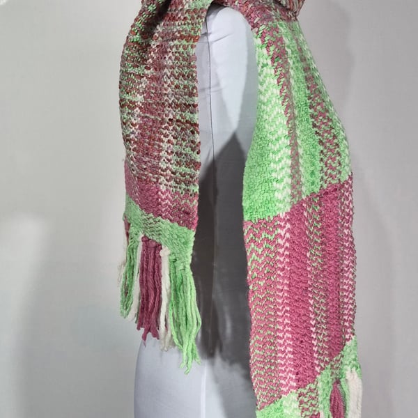 Handwoven LongWool Scarf In Light Greens And A Mix Of Pinks.