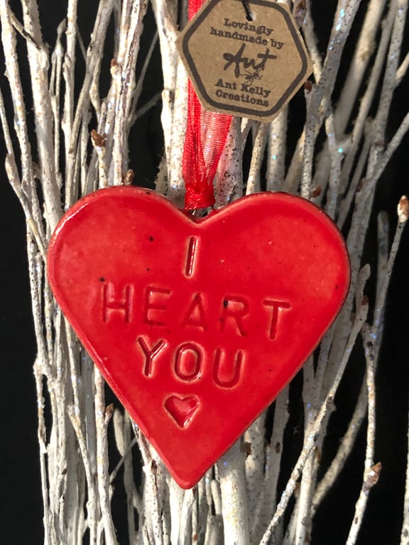 I HEART YOU glossy red heart hanging decoration - large