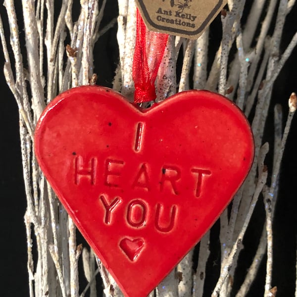 I HEART YOU glossy red heart hanging decoration - large