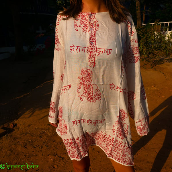 Hindu Print Kurta, Handmade Unisex Festival Tunic, Comfy Boho Indian