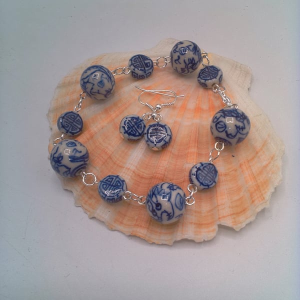 Blue Patterned White Ceramic Bead Bracelet and Earrings, Gift for Her