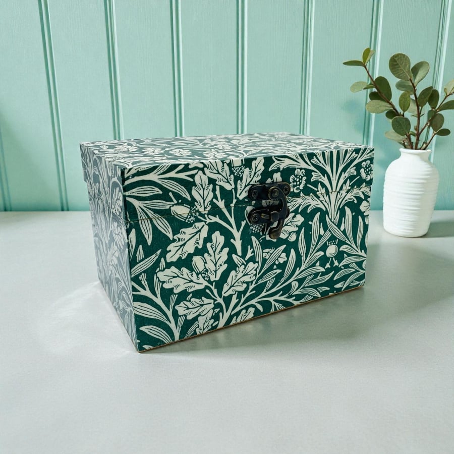 Wooden box decoupaged with William Morris inspired Acorn design
