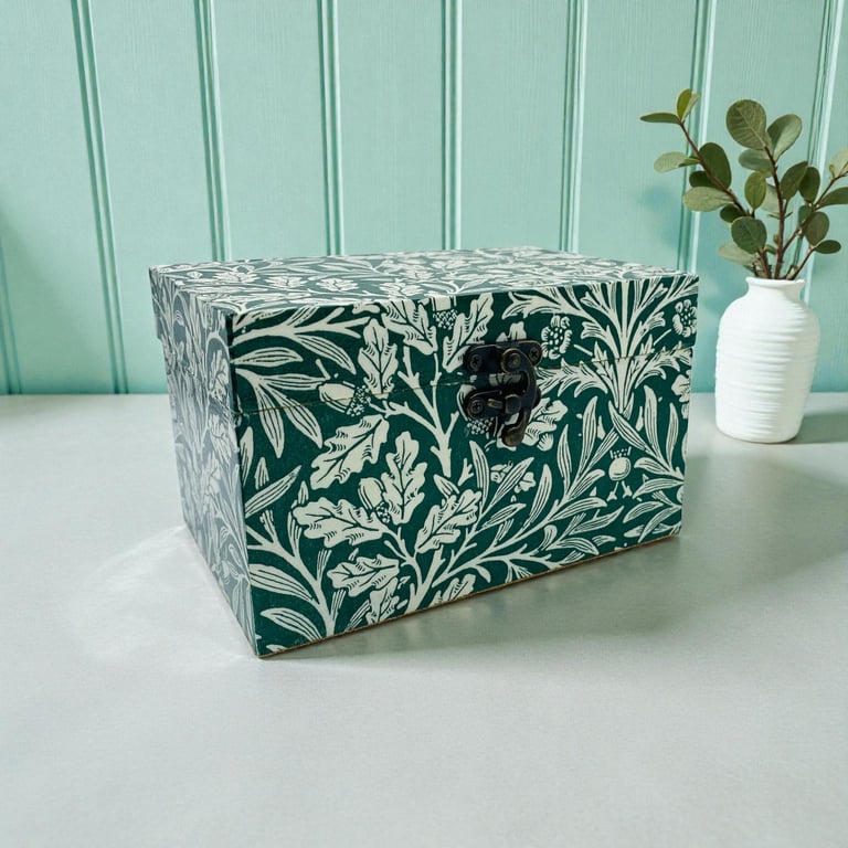 Wooden box decoupaged with William Morris inspired Acorn design