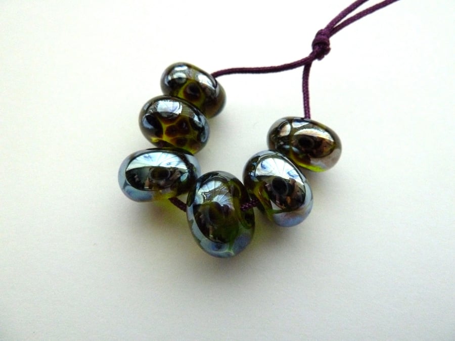 green and silver frit lampwork glass beads