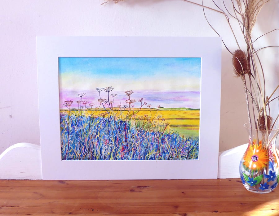 Fen Landscape Watercolour Original Painting of Summer Fields with Wild Flowers 