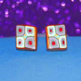 Modern Style Cubist Pattern Ear Studs - Polymer Clay - Silver