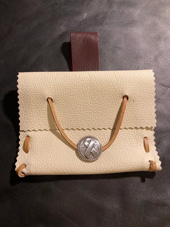 Small Pouch - Ivory White Leather Medieval Style - Ribbon button FREE SHIP