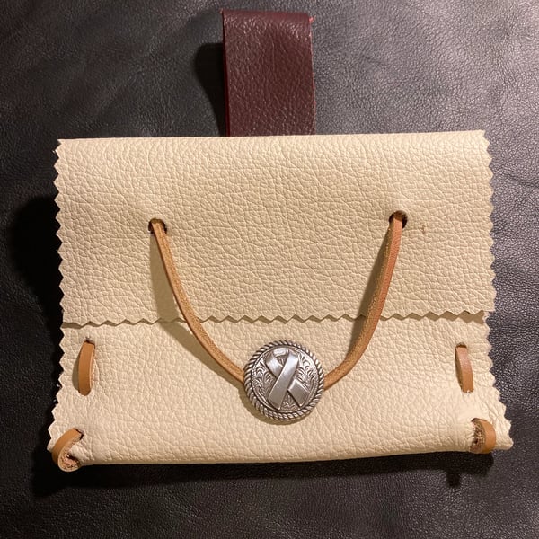 Small Pouch - Ivory White Leather Medieval Style - Ribbon button FREE SHIP