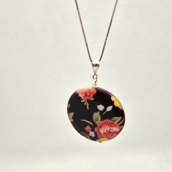 Painted shell coin style pendant necklace with 18 inch sterling silver chain