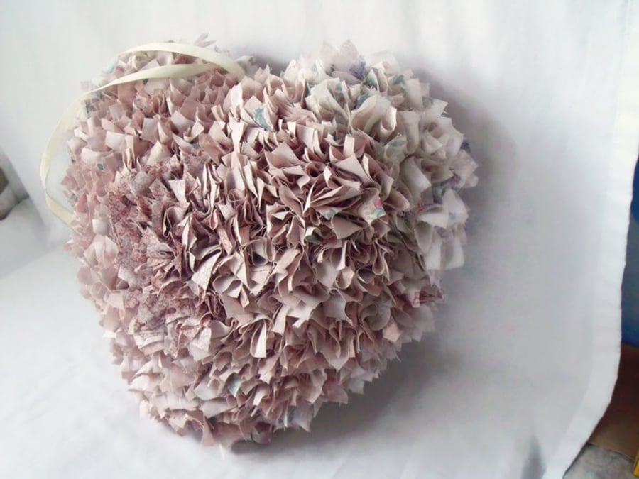 upcycled hanging heart rag wreath, big cottage chic hanging wall decoration