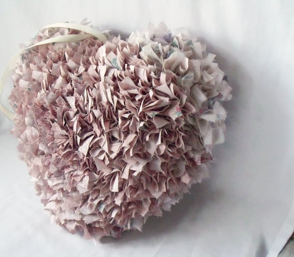 upcycled hanging heart rag wreath, big cottage chic hanging wall decoration