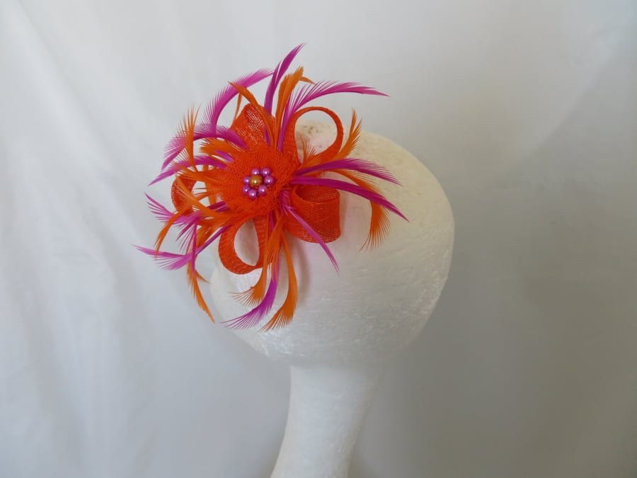 Bright Orange and Light Magenta Pink Vibrant Sinamay Loop Feather Clip 