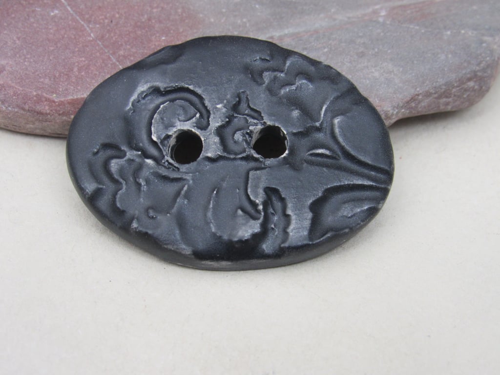 Large Coal Black Brocade Oval Handmade Ceramic Button