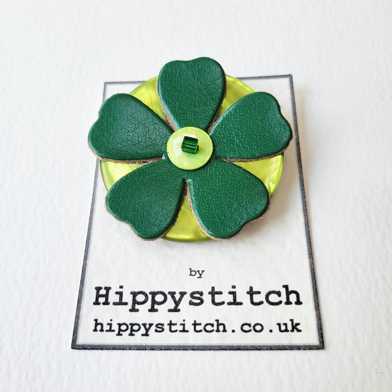 Dark Green Leather Flower & Lime Green Button Brooch 
