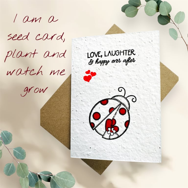 Seeded blank card with ladybird and hearts. Plantable eco card, wildflowers.  
