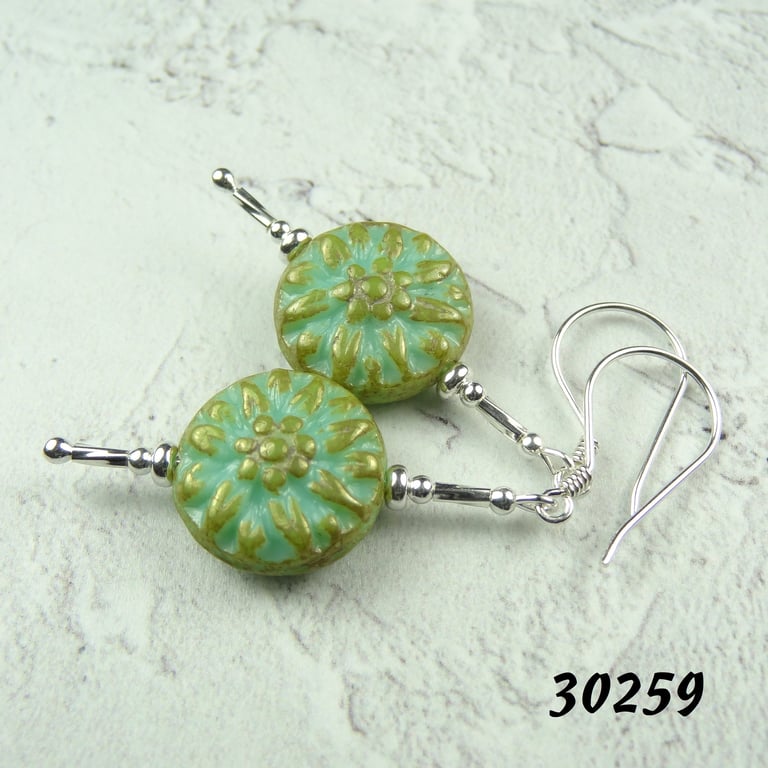 Green Czech glass drop earrings, sterling silver, dahlia flower (30259)